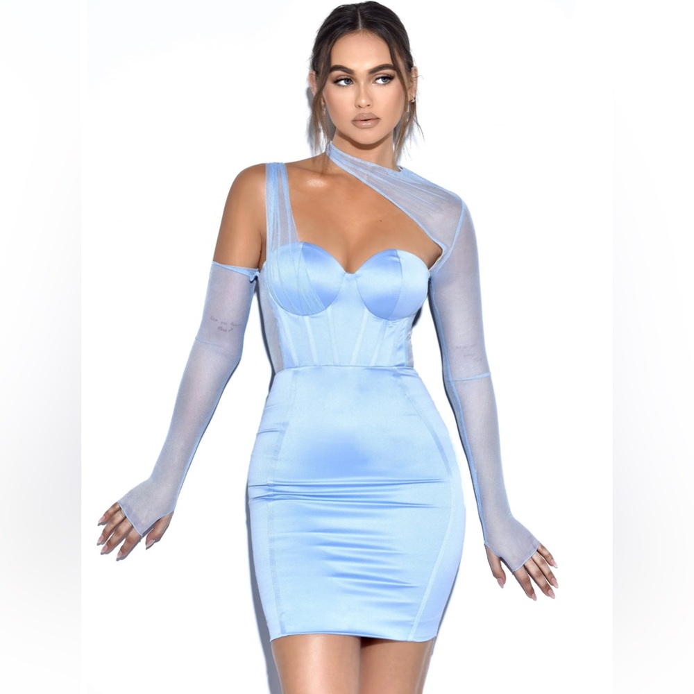 Miss Circle Everlee Baby Blue Mesh Sleeve Satin Corset Dress